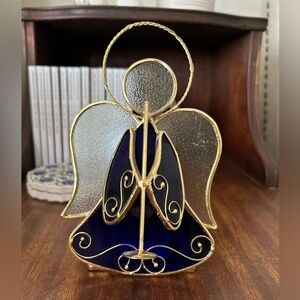 🌶️ Stained Glass BLUE ANGEL Playing Her Horn - Gold Lead - Candle Holder